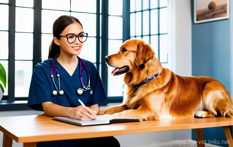 수의사로서의 자기계발 아이디어 - **A Focused Veterinarian Engaged in Online Learning:**
    A bright and determined young female vete...