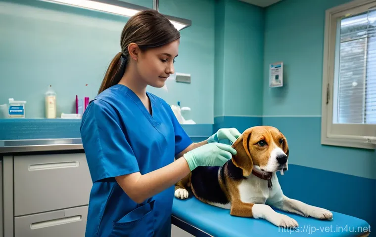 수의학 실기 시험에서 흔한 실수 - **Prompt 1: Gentle Canine Blood Sampling**
    "A bright, well-lit veterinary examination room. A yo...