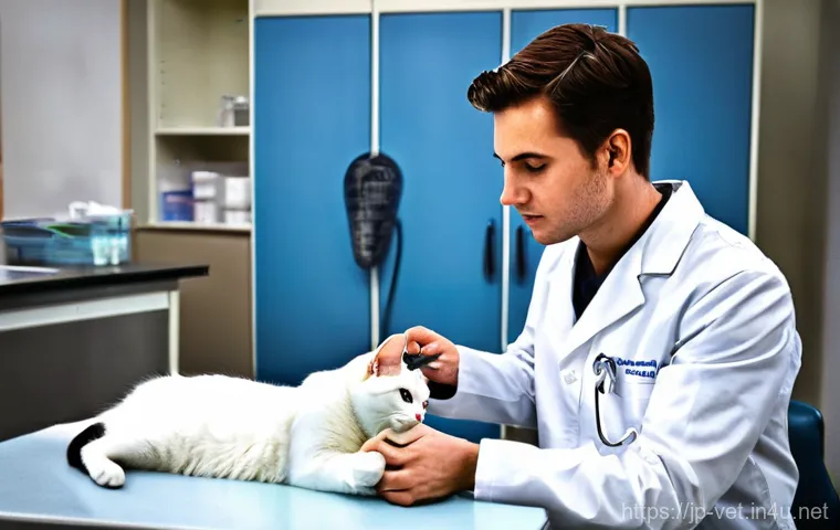 수의학 실기 시험에서 흔한 실수 - **Prompt 1: Gentle Canine Blood Sampling**
    "A bright, well-lit veterinary examination room. A yo...