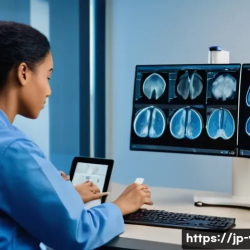 수의학과 관련된 필수 소프트웨어 - A modern veterinary clinic interior featuring a veterinarian using advanced digital diagnostic tools...