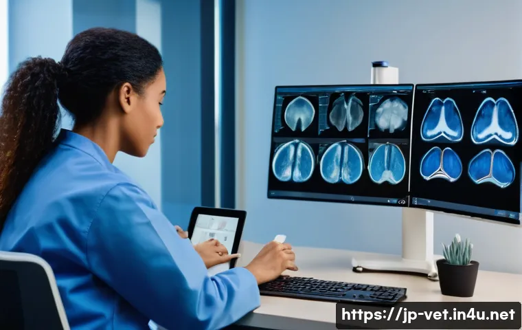 수의학과 관련된 필수 소프트웨어 - A modern veterinary clinic interior featuring a veterinarian using advanced digital diagnostic tools...