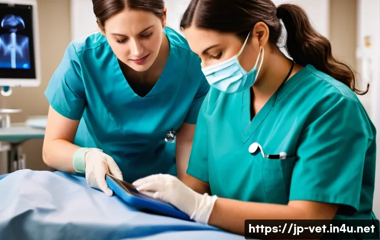수의사와 간호사의 협력 사례 - A detailed veterinary emergency room scene showing a veterinarian and a nurse collaborating closely ...