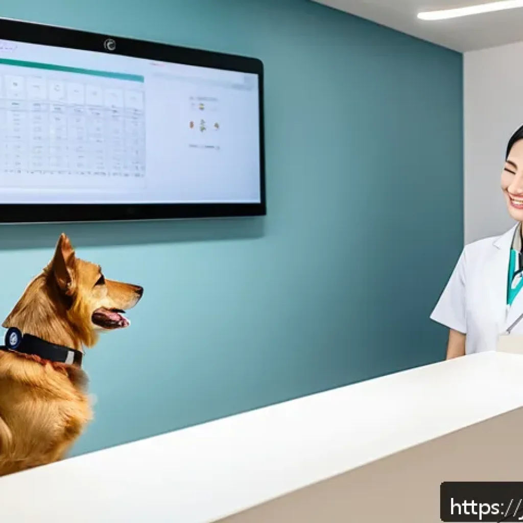 동물병원 업무 사례 분석 - A modern veterinary clinic reception area featuring a sleek self-check-in kiosk, with a friendly sta...