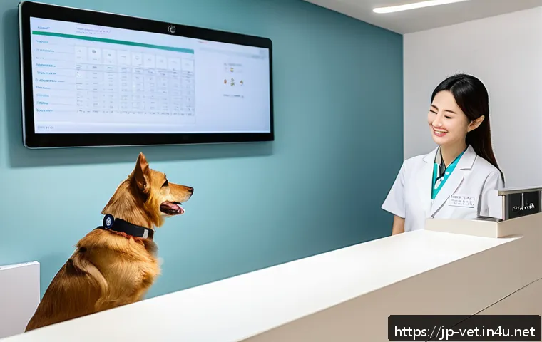 동물병원 업무 사례 분석 - A modern veterinary clinic reception area featuring a sleek self-check-in kiosk, with a friendly sta...
