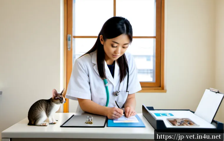 수의학 학위 외 추가 자격증 - Photorealistic veterinary professional in a neat clinic office, wearing a clean lab coat and examini...