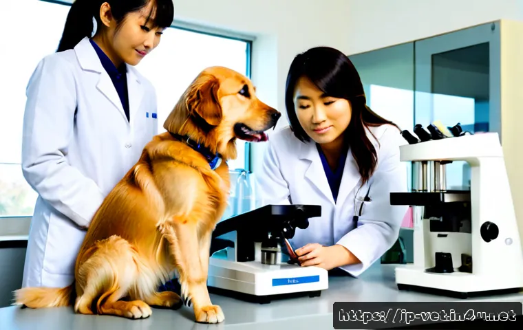 수의학 연구 분야 소개 - Photorealistic veterinary research laboratory, a diverse team of veterinarians in clean white lab co...